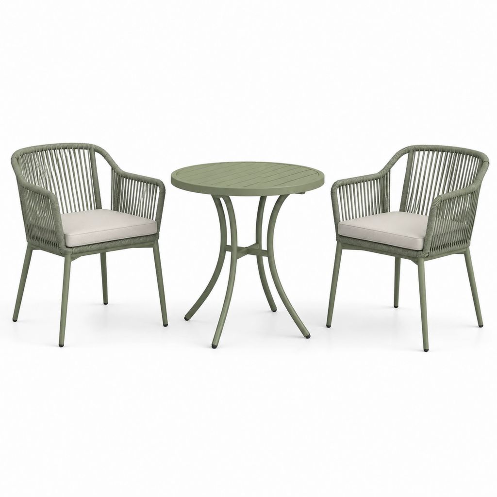Set da giardino 2 sedie con tavolo rotondo verde in acciaio e corda PE Ø70 x 74 cm