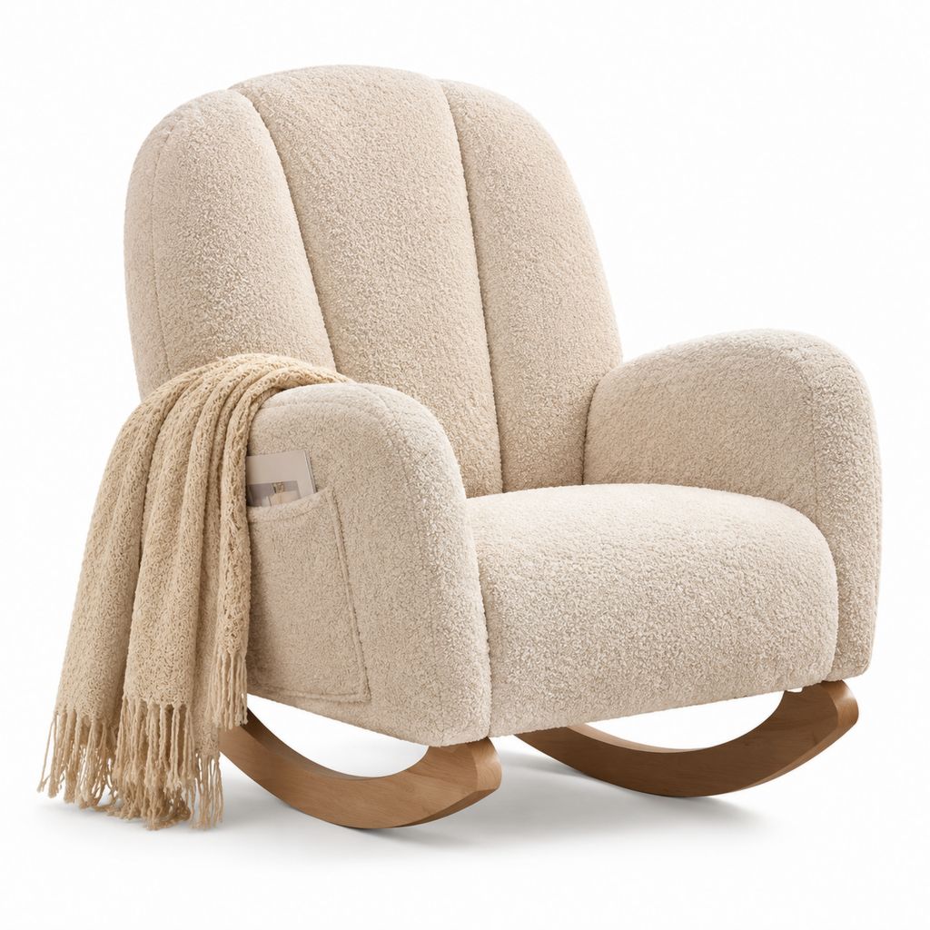 Poltrona a dondolo beige in poliestere bouclé con base in legno massello 78 x 90 x 100 cm