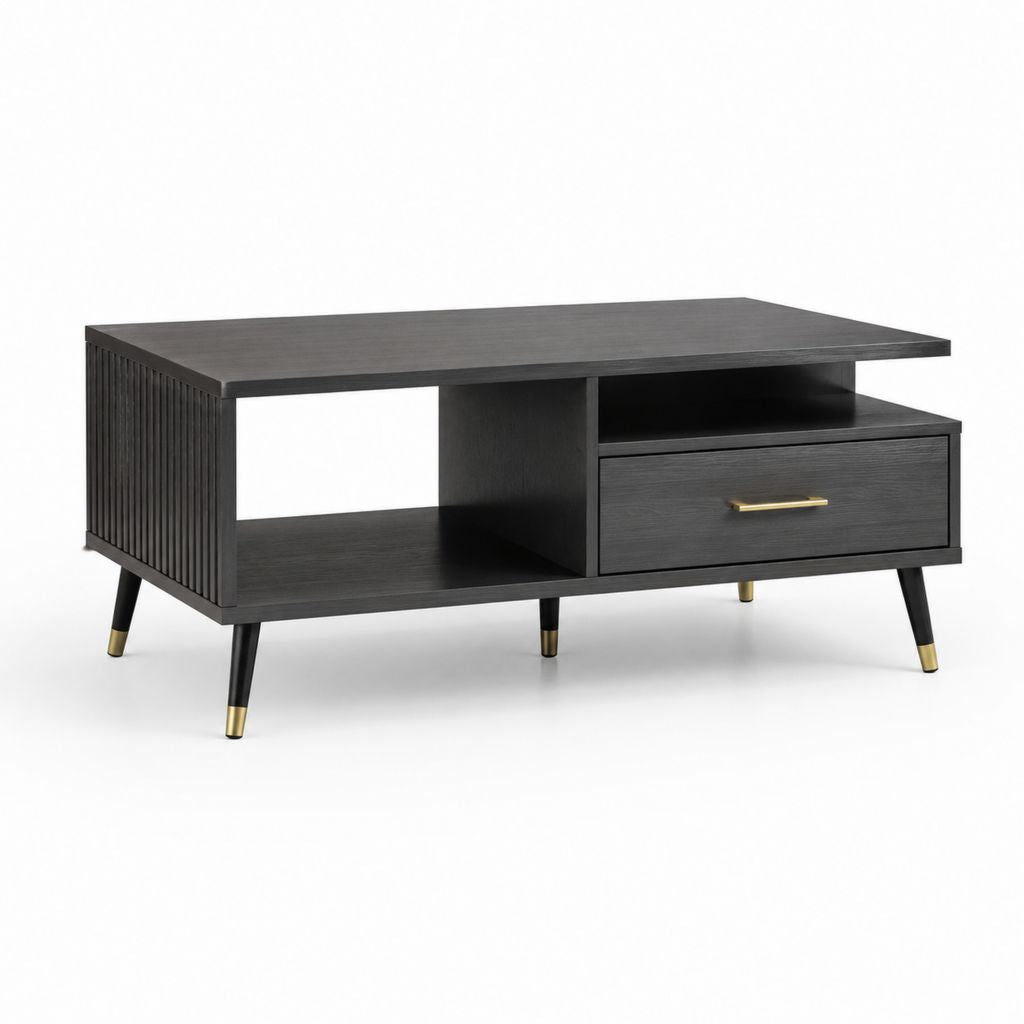 Tavolino da caffè rettangolare nero in MDF 120 x 60 x 45 cm con cassetto e vani aperti