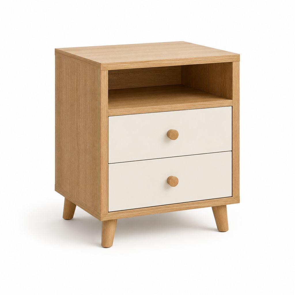 Comodino rettangolare con 2 cassetti e vano aperto rovere naturale e bianco in MDF 45 x 35 x 65 cm