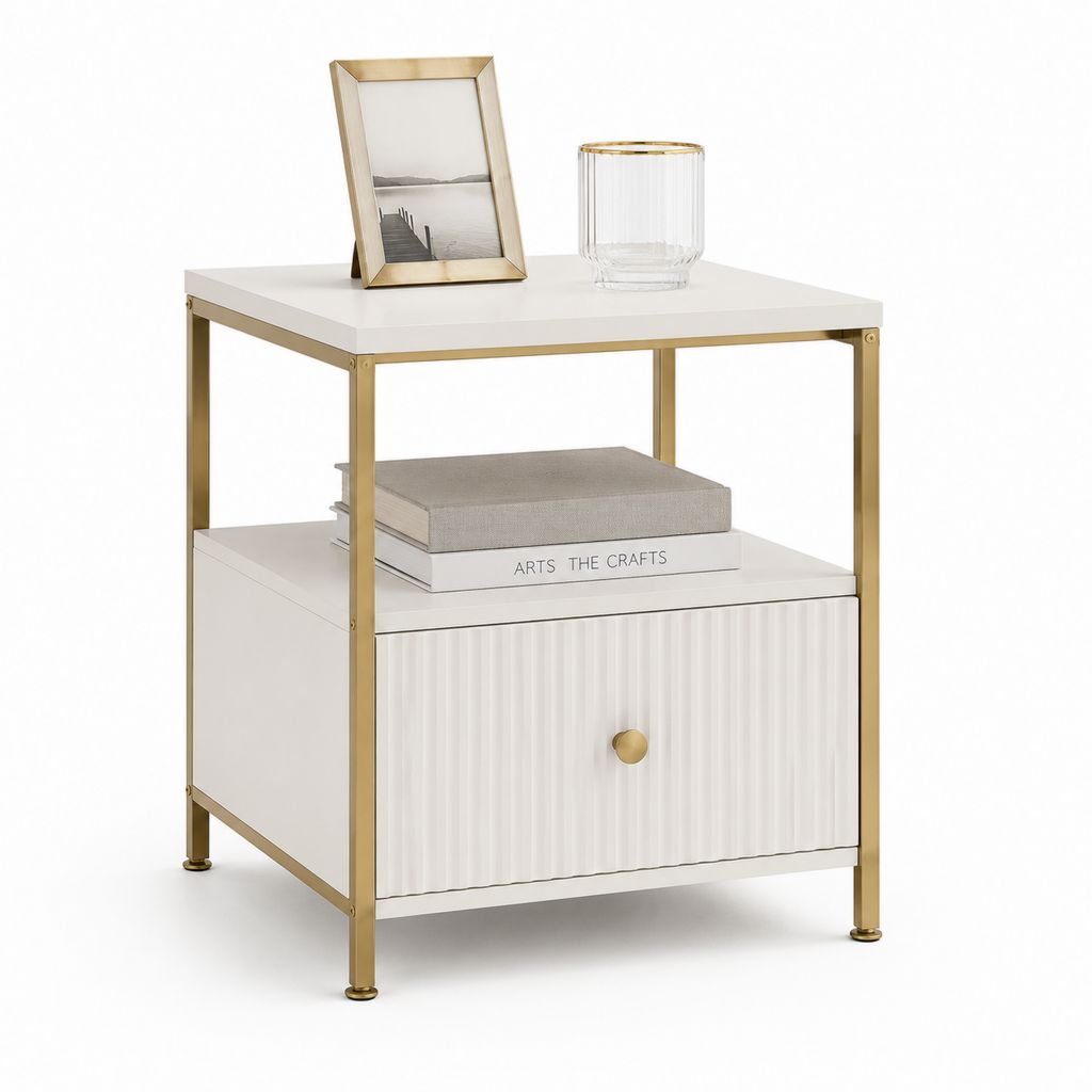 Comodino con cassetto e ripiano bianco e oro in MDF e acciaio 50 x 40 x 60 cm