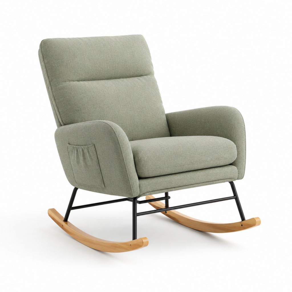 Sedia a dondolo verde salvia in poliestere con struttura in acciaio e pattini in legno massello 90 x 95 x 105 cm