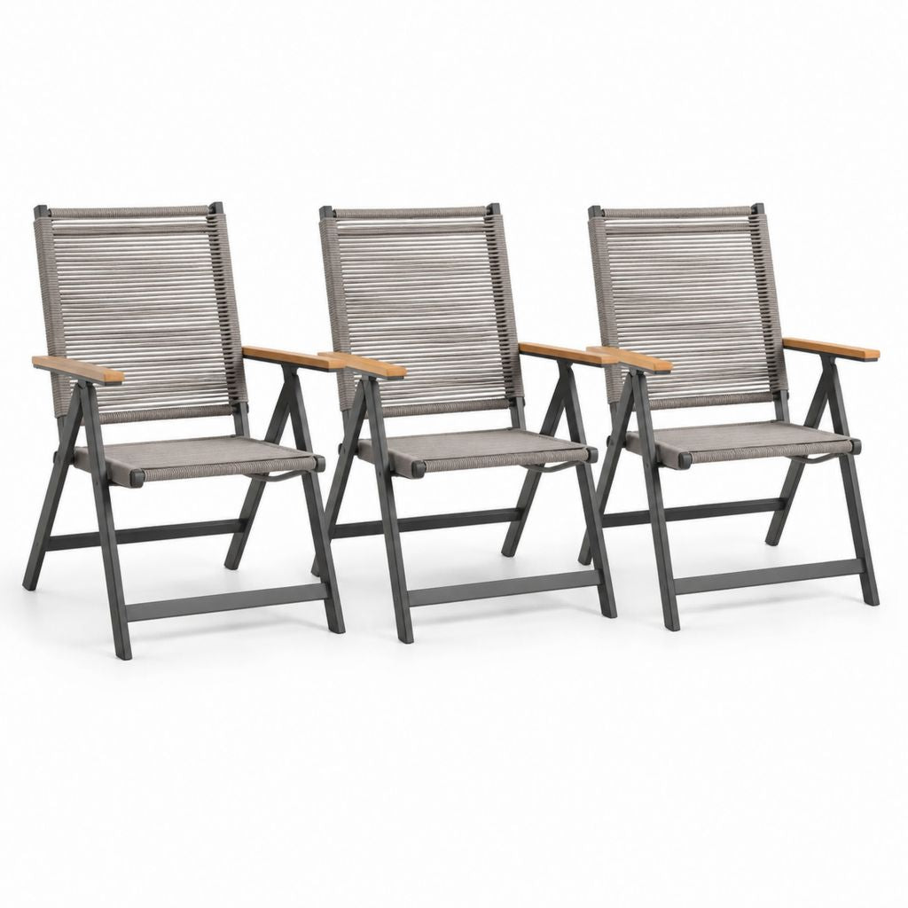 Set di 3 sedie da giardino pieghevoli grigio tortora in acciaio PE e legno massello 58 x 65 x 108 cm