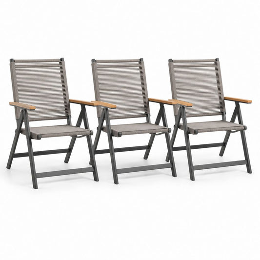 Set di 3 sedie da giardino pieghevoli grigio tortora in acciaio PE e legno massello 58 x 65 x 108 cm