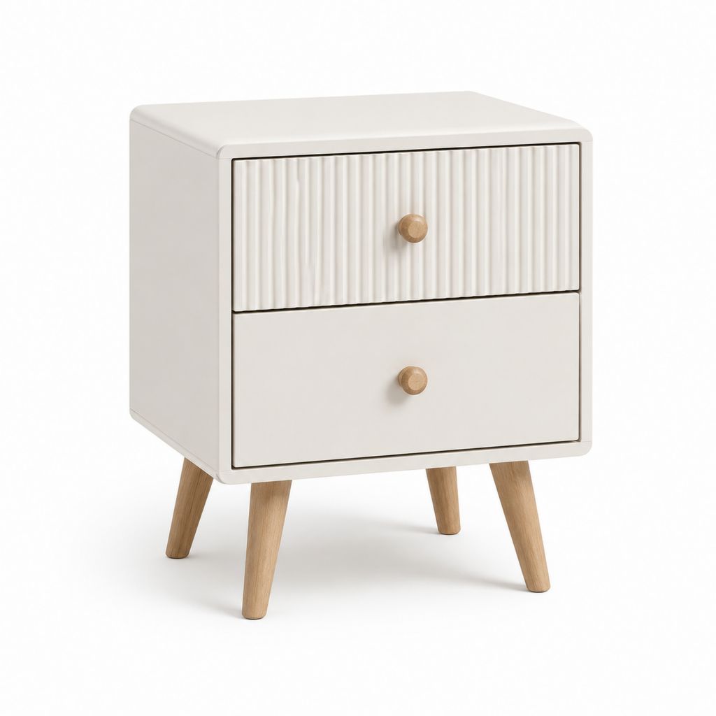 Comodino bianco in MDF con 2 cassetti e gambe in legno massello 40 x 35 x 55 cm