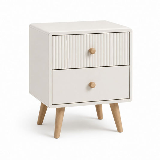 Comodino bianco in MDF con 2 cassetti e gambe in legno massello 40 x 35 x 55 cm