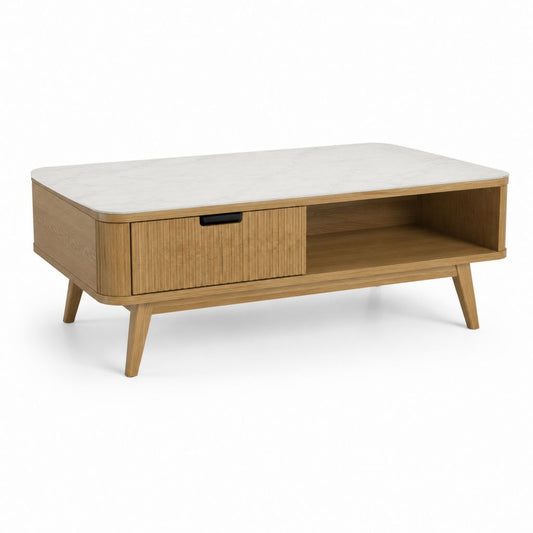 Tavolino da caffè con cassetto e vano a giorno bianco e rovere 120 x 60 x 45 cm