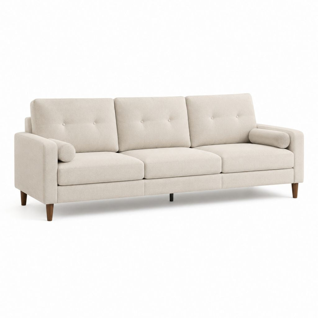 Divano 3 posti rettangolare beige in poliestere con gambe in legno massello 220 x 90 x 85 cm