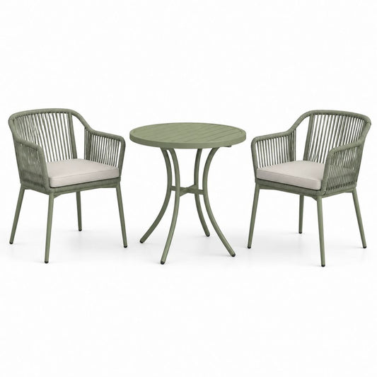 Set da giardino 2 sedie con tavolo rotondo verde in acciaio e corda PE Ø70 x 74 cm