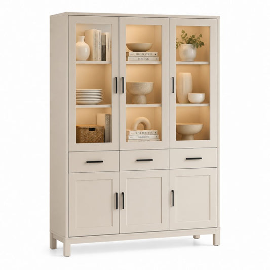 Vetrina soggiorno a 6 ante e 3 cassetti beige in MDF e vetro temperato 120 x 40 x 190 cm