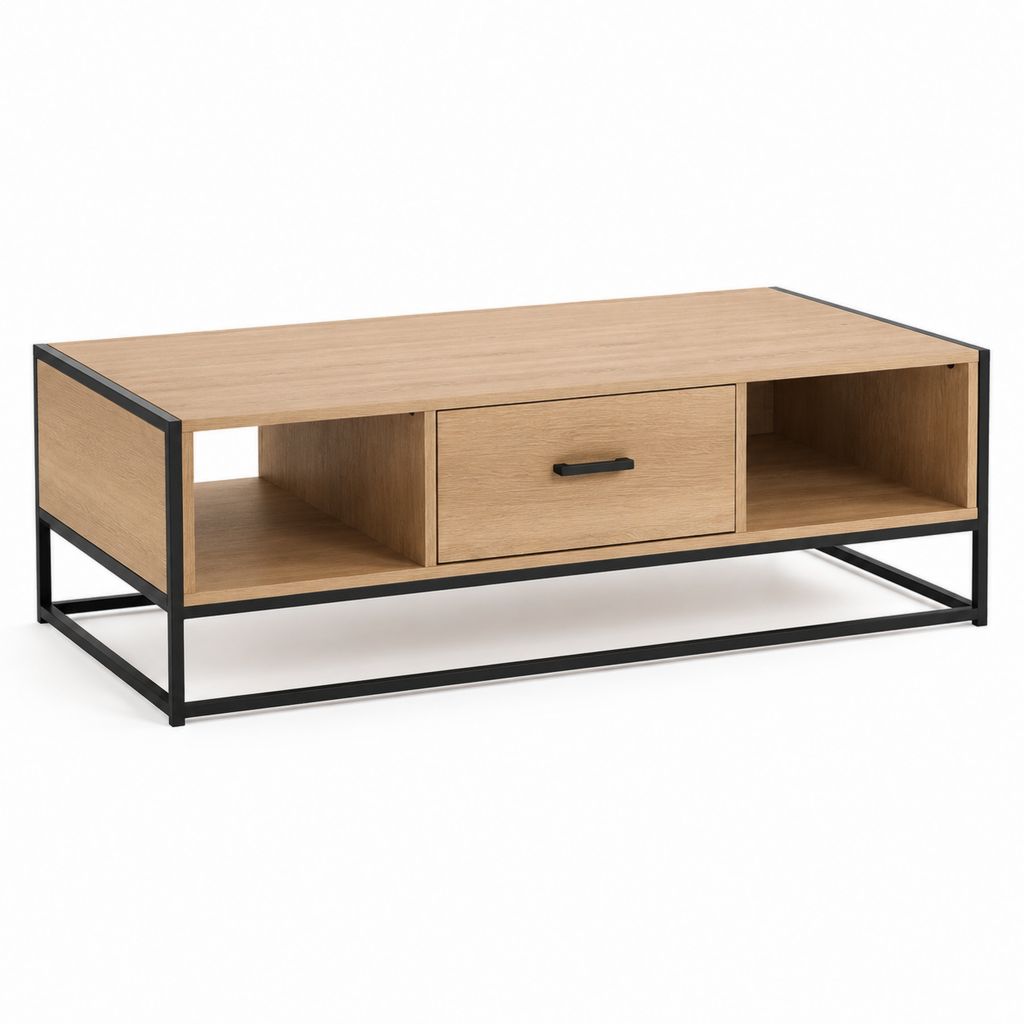 Tavolino da caffè rettangolare rovere naturale e acciaio nero con cassetto 100 x 50 x 45 cm