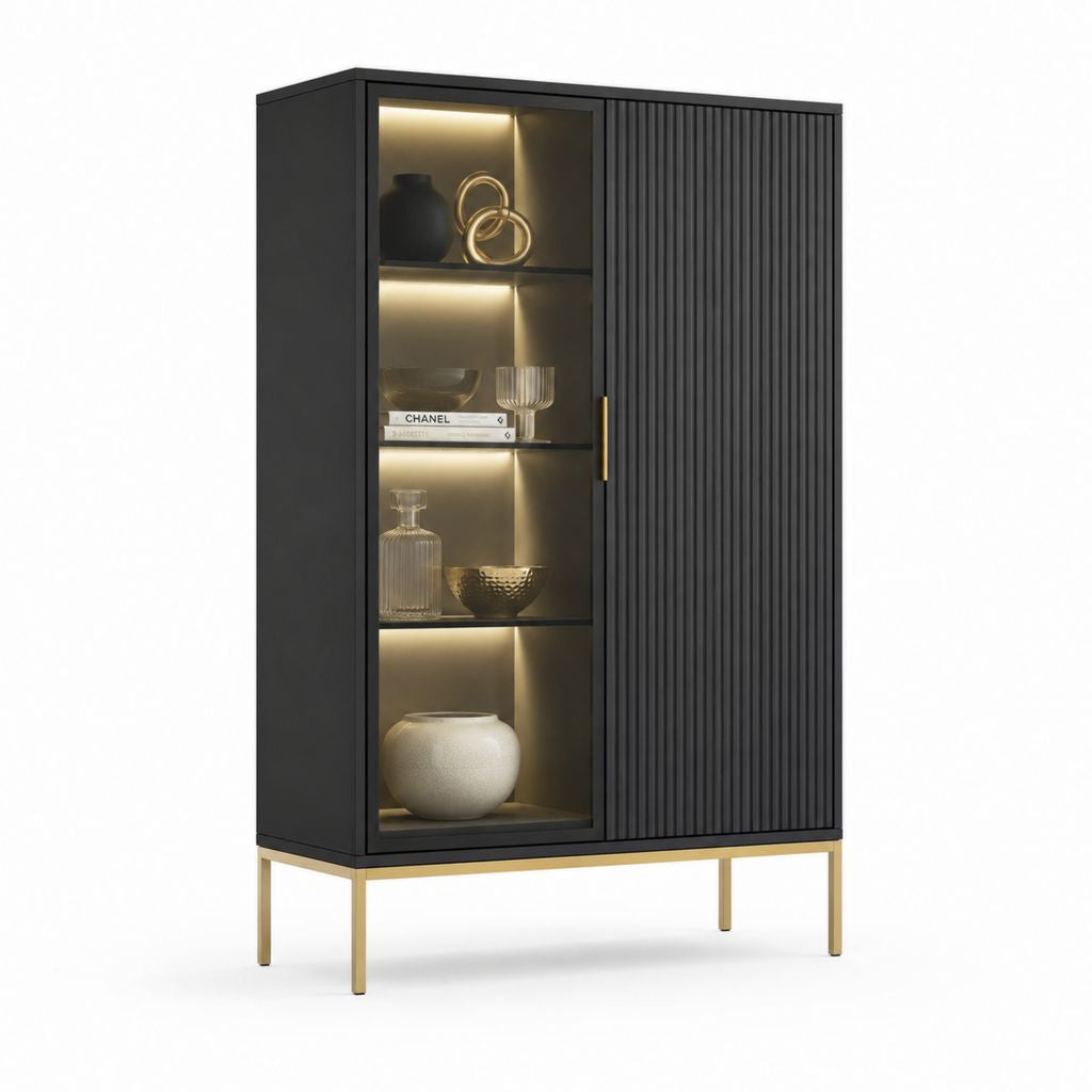 Vetrina da soggiorno con LED nera in MDF e vetro temperato rettangolare 90 x 40 x 180 cm