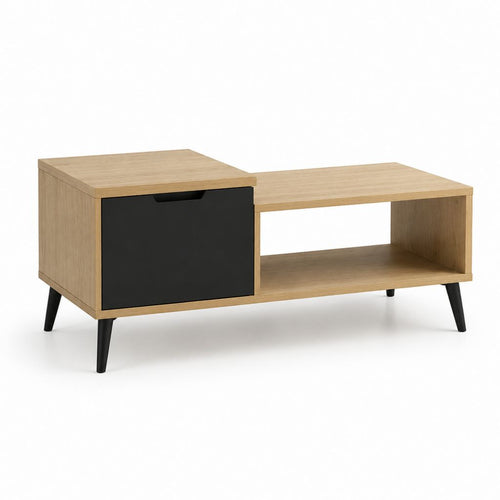 Tavolino da caffè rettangolare rovere e nero in pannello truciolare 100 x 50 x 45 cm con anta e vano a giorno