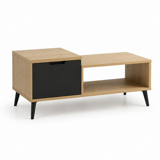 Tavolino da caffè rettangolare rovere e nero in pannello truciolare 100 x 50 x 45 cm con anta e vano a giorno