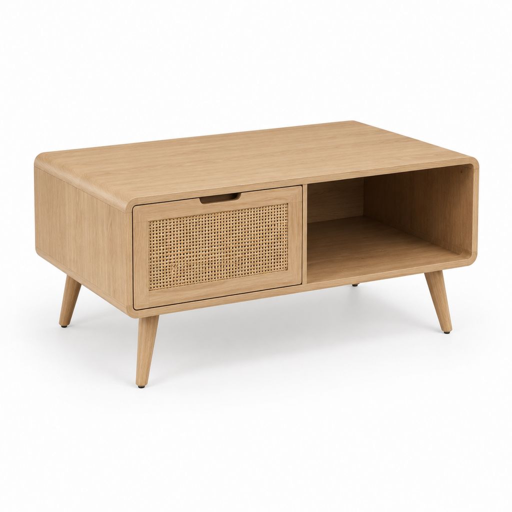 Tavolino da caffè rettangolare in MDF impiallacciato rovere naturale con cassetto in rattan 100 x 50 x 45 cm