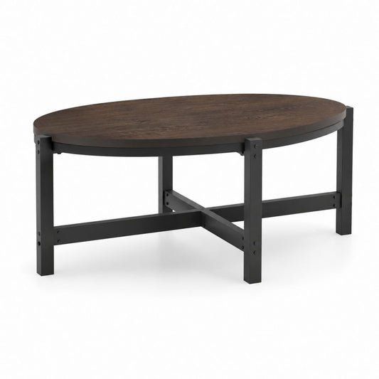Tavolino da caffè ovale marrone scuro e nero in MDF e acciaio 120 x 60 x 45 cm