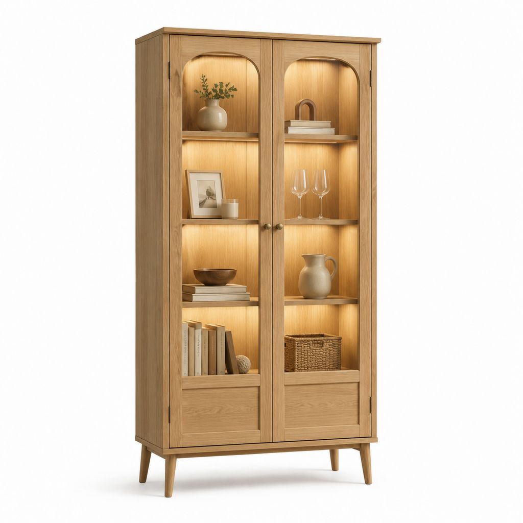 Vetrina da soggiorno rettangolare a 2 ante in vetro e MDF effetto rovere naturale 90 x 40 x 190 cm