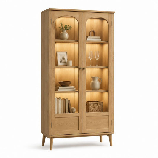 Vetrina da soggiorno rettangolare a 2 ante in vetro e MDF effetto rovere naturale 90 x 40 x 190 cm