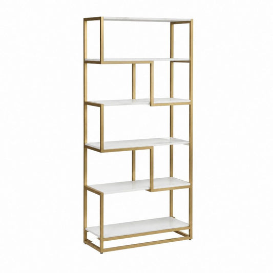 Libreria a giorno 5 ripiani bianco e oro in MDF e acciaio 80 x 30 x 180 cm