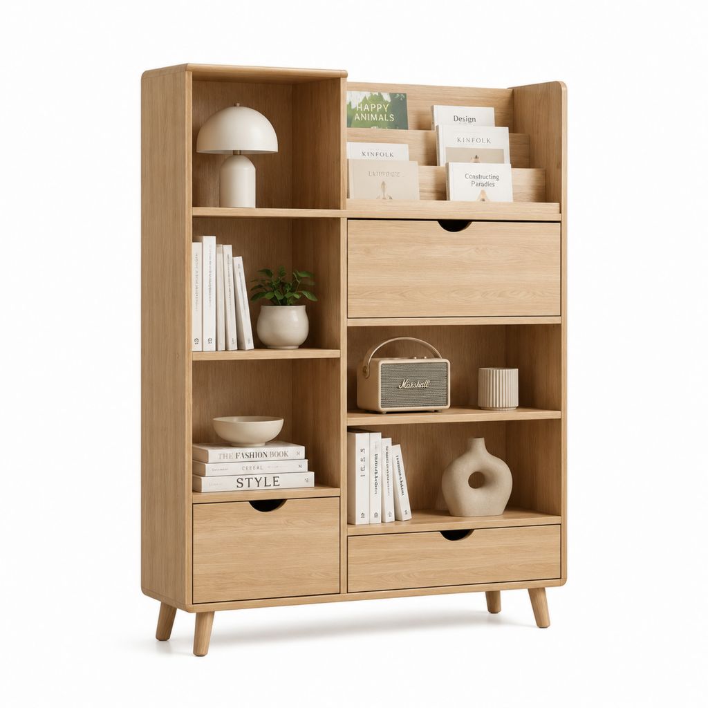 Libreria soggiorno con 3 cassetti rovere chiaro in pannelli di particelle 120 x 35 x 180 cm