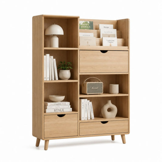Libreria soggiorno con 3 cassetti rovere chiaro in pannelli di particelle 120 x 35 x 180 cm
