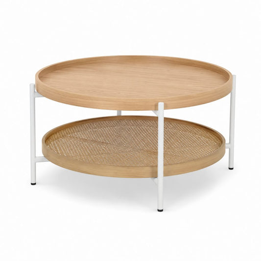 Tavolino da caffè rotondo rovere e rattan con ripiano 80 x 80 x 45 cm