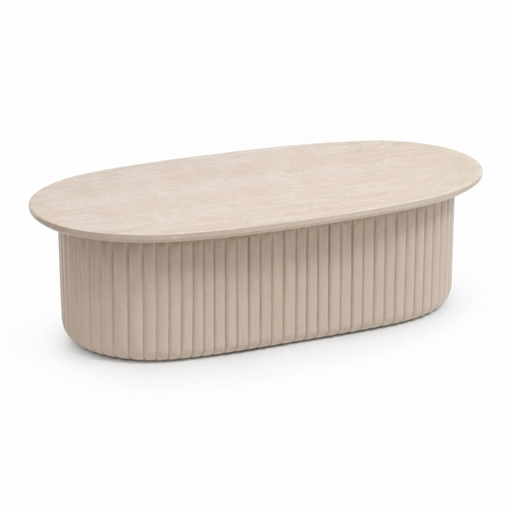 Tavolino da caffè ovale beige in MDF impiallacciato con base scanalata 120 x 60 x 40 cm