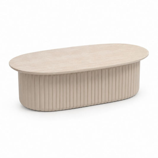 Tavolino da caffè ovale beige in MDF impiallacciato con base scanalata 120 x 60 x 40 cm