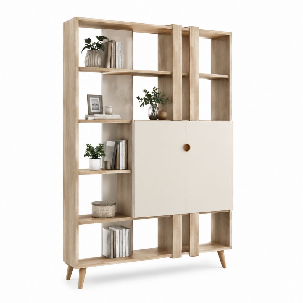 Libreria divisoria con ante rovere chiaro e bianco crema in pannelli di particelle 120 x 35 x 190 cm
