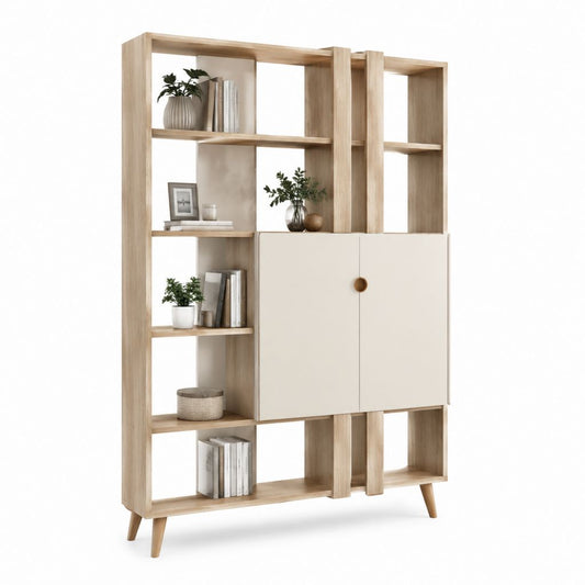 Libreria divisoria con ante rovere chiaro e bianco crema in pannelli di particelle 120 x 35 x 190 cm