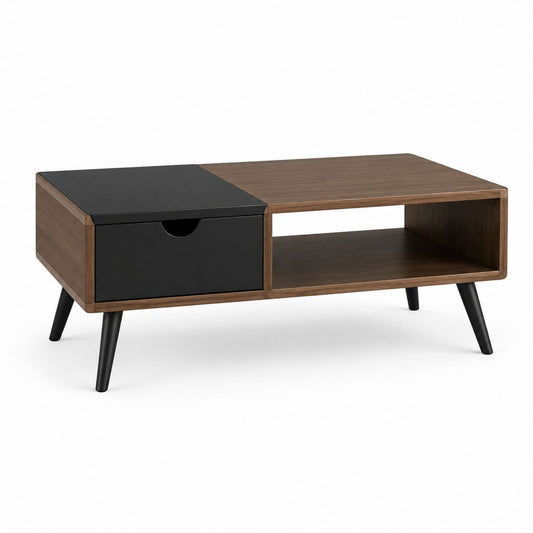 Tavolino da caffè rettangolare noce e nero in MDF 100 x 50 x 40 cm con cassetto e vano a giorno